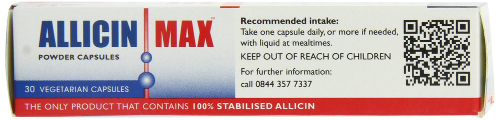 AllicinMax bottle label displays nutrition details and allergen-free claim.