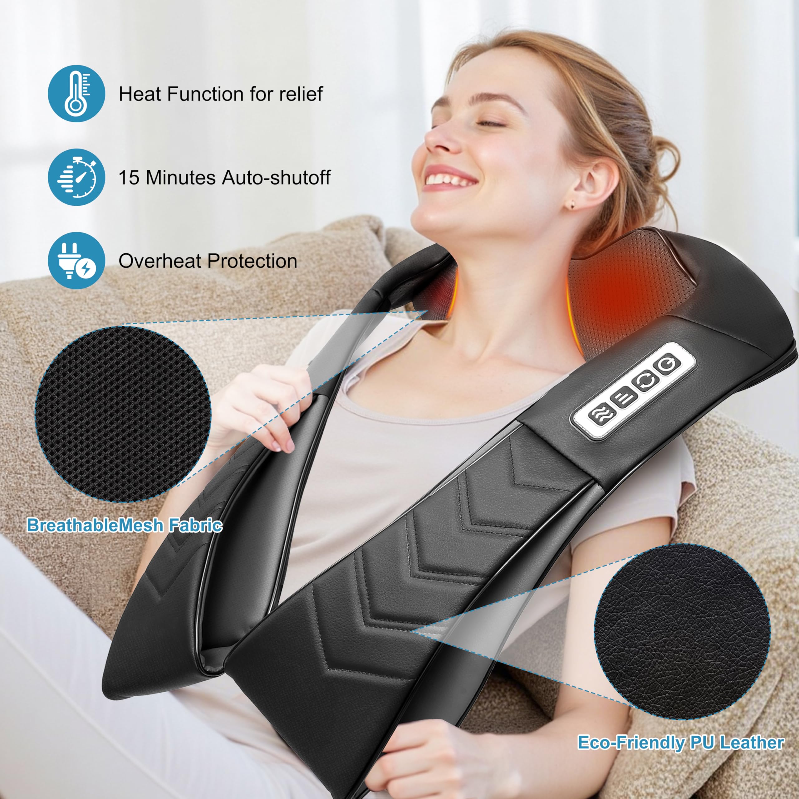 Alliggic premium leather cover on neck massager for durable comfort.