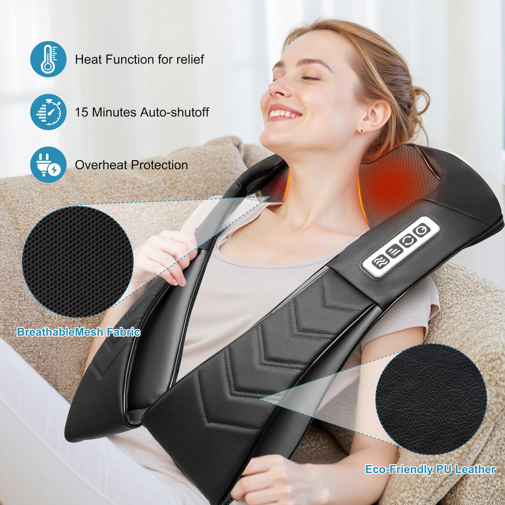 Alliggic premium leather cover on neck massager for durable comfort.