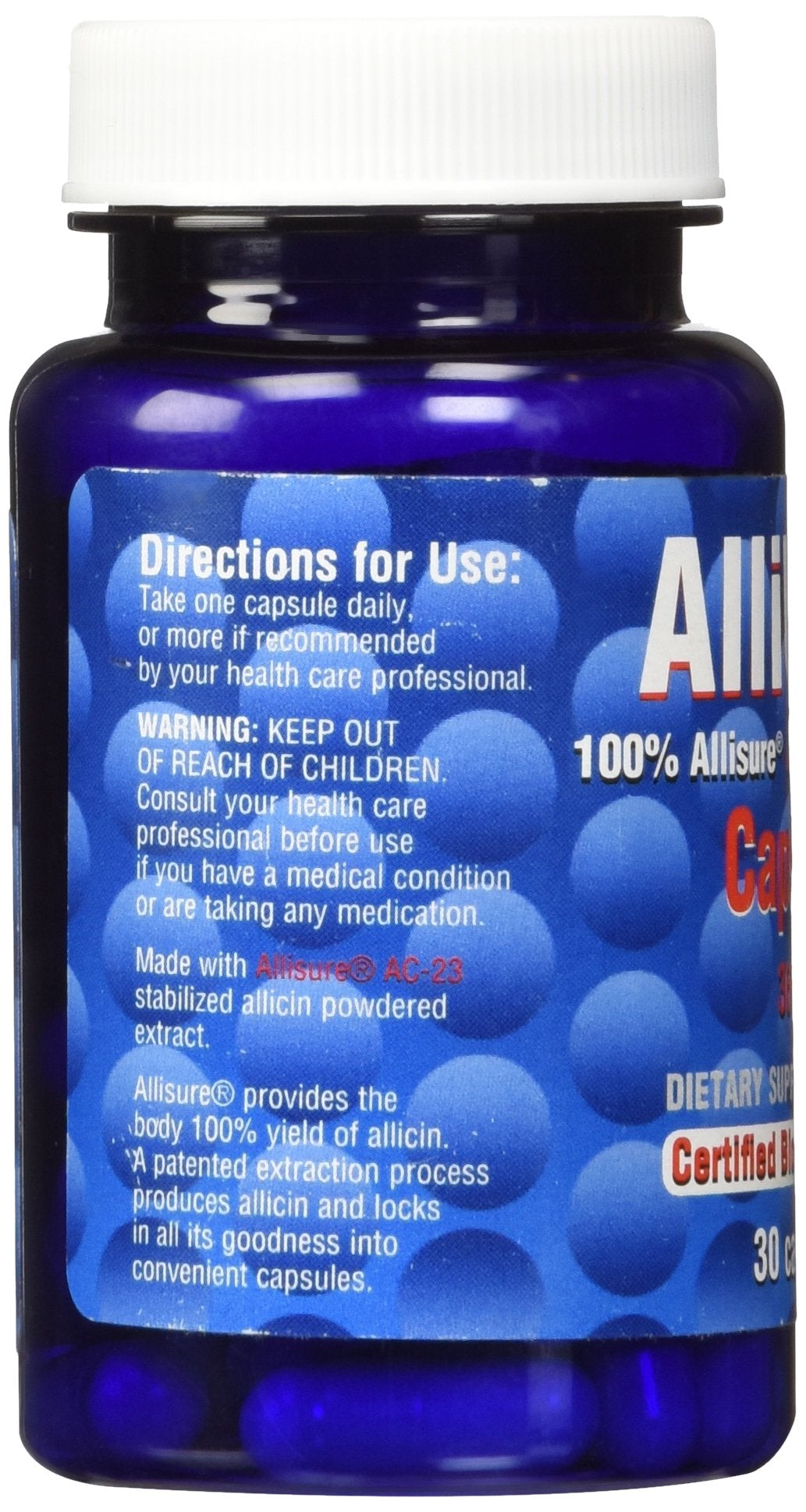 Close detail of ALLIMAX AlliUltra label noting vegan, non-GMO ingredients.