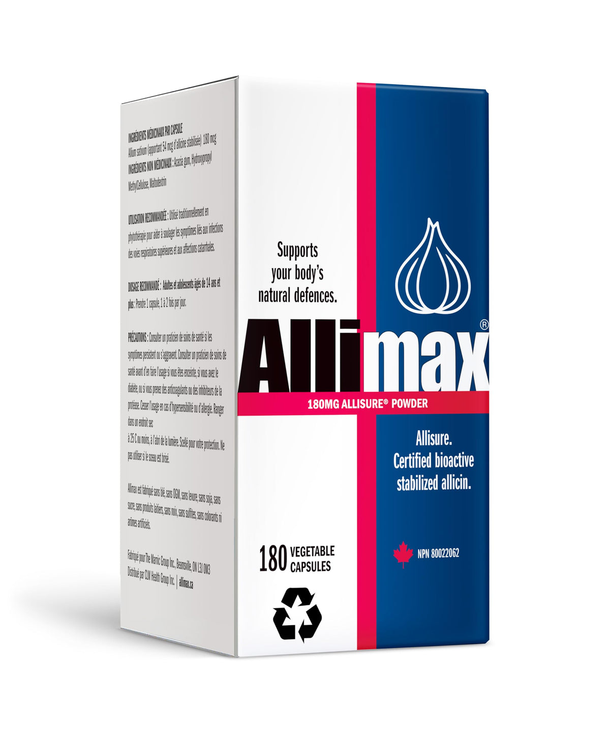 Allimax bottle front label reveals bioactive allicin for immune support