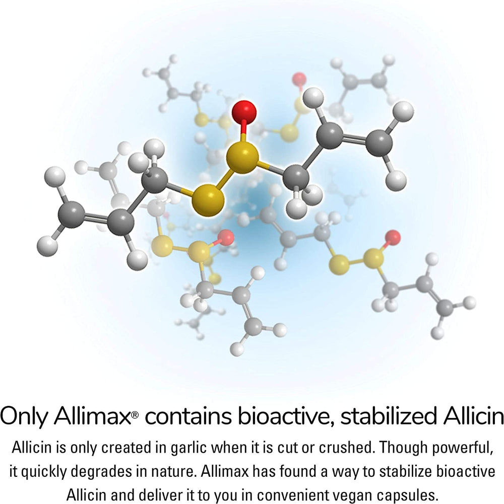 Allimax bottle top view emphasizes compact daily packaging for travel-friendly use