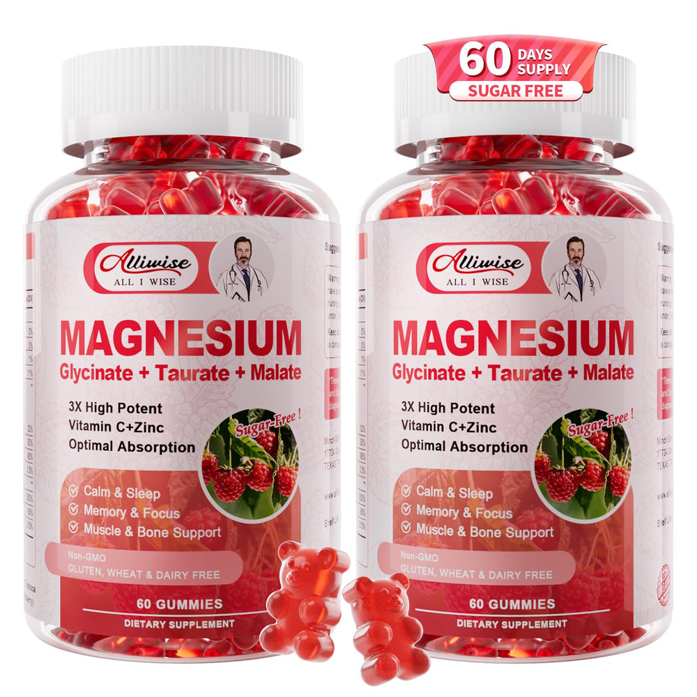 Alliwise 2-pack magnesium glycinate gummies bottle front for daily relaxation and sleep support