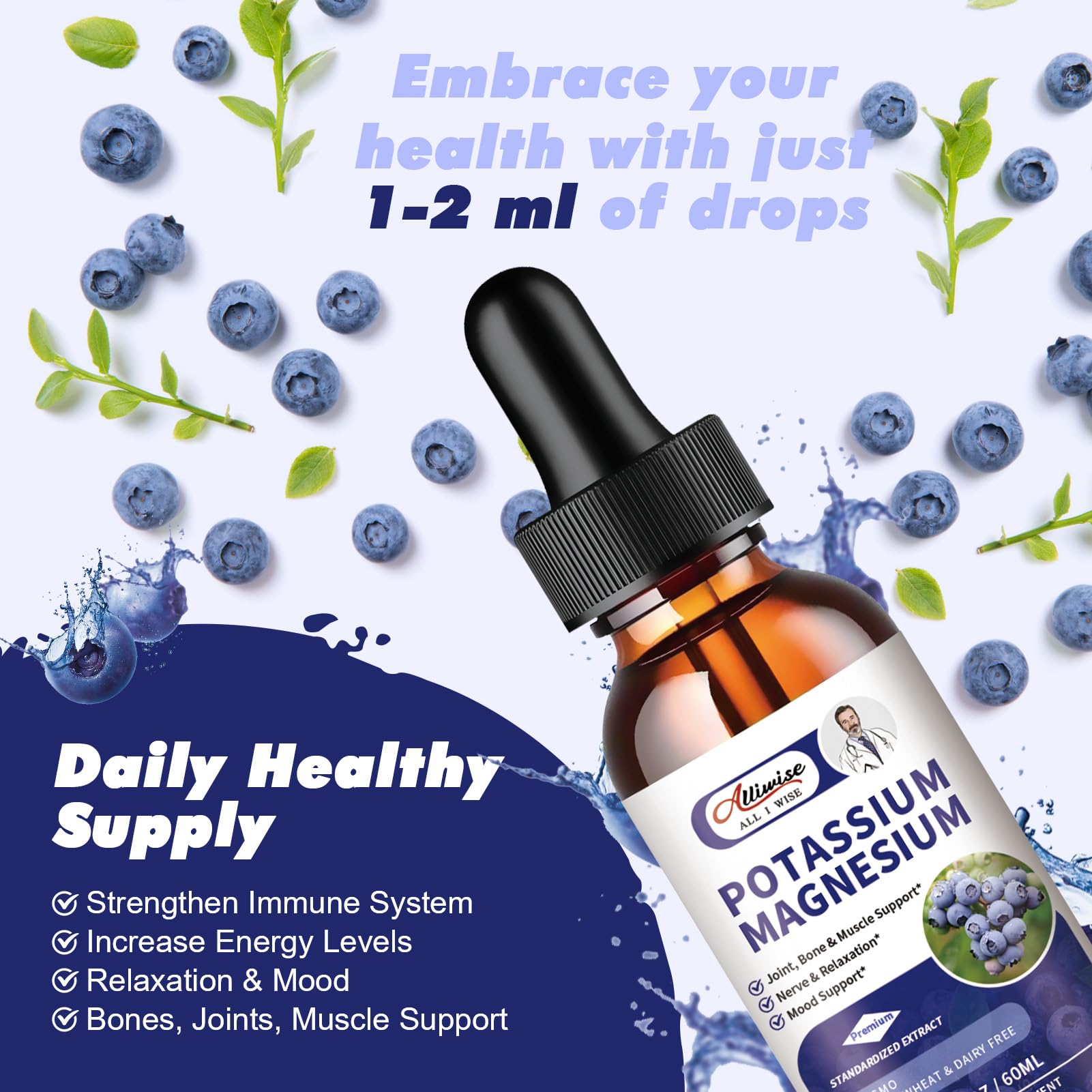 Alliwise blueberry flavored drops packaging highlights natural vegan ingredients