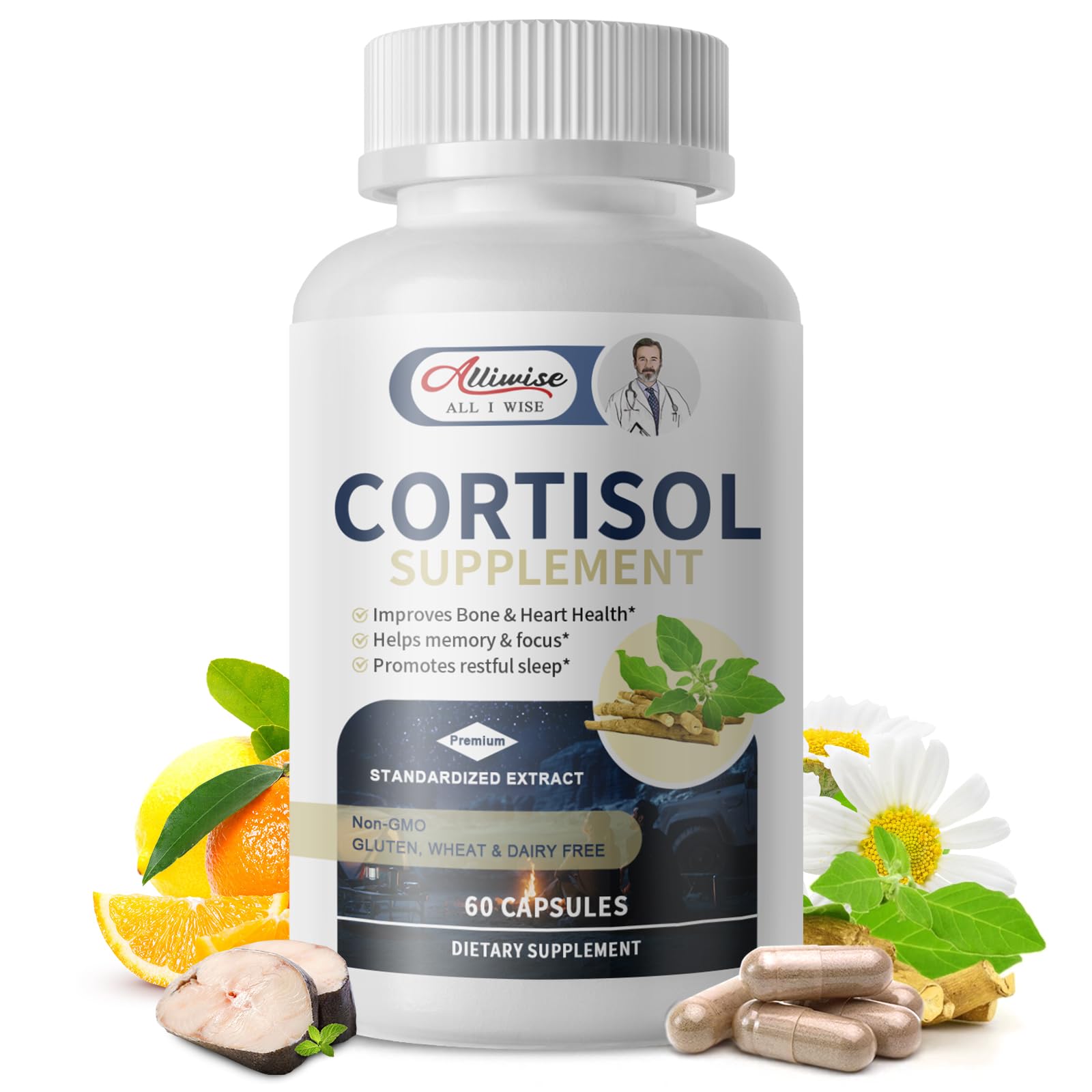 Alliwise Cortisol Balance bottle close-up suggesting daily calm and energy.