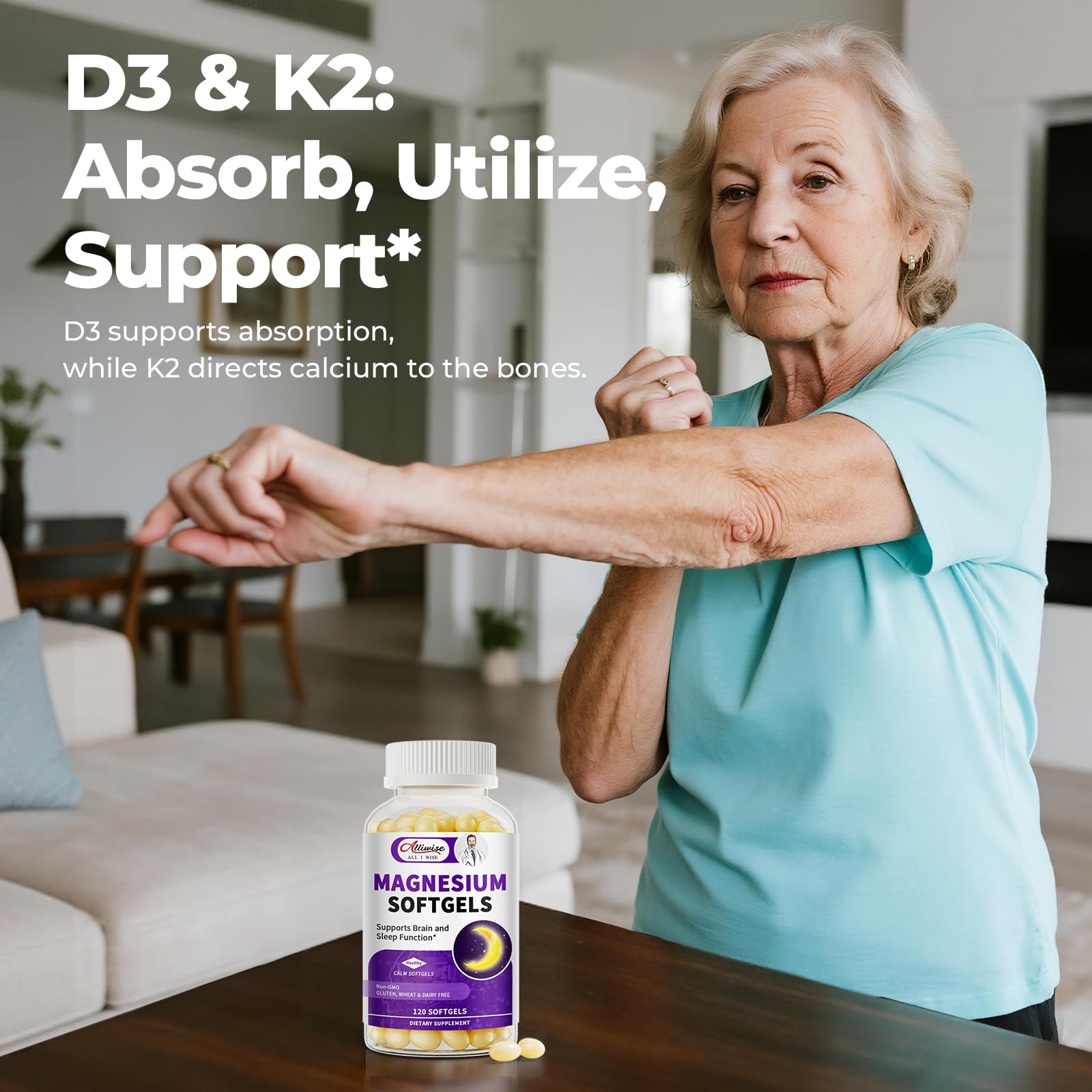 Alliwise easy-to-swallow softgels emphasizing user-friendly formulation.