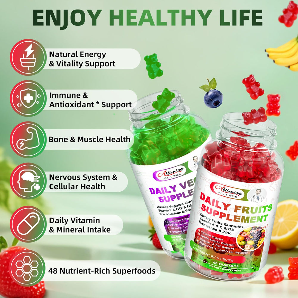 Alliwise fruits gummies close-up showing 23 fruits for balanced daily nutrition