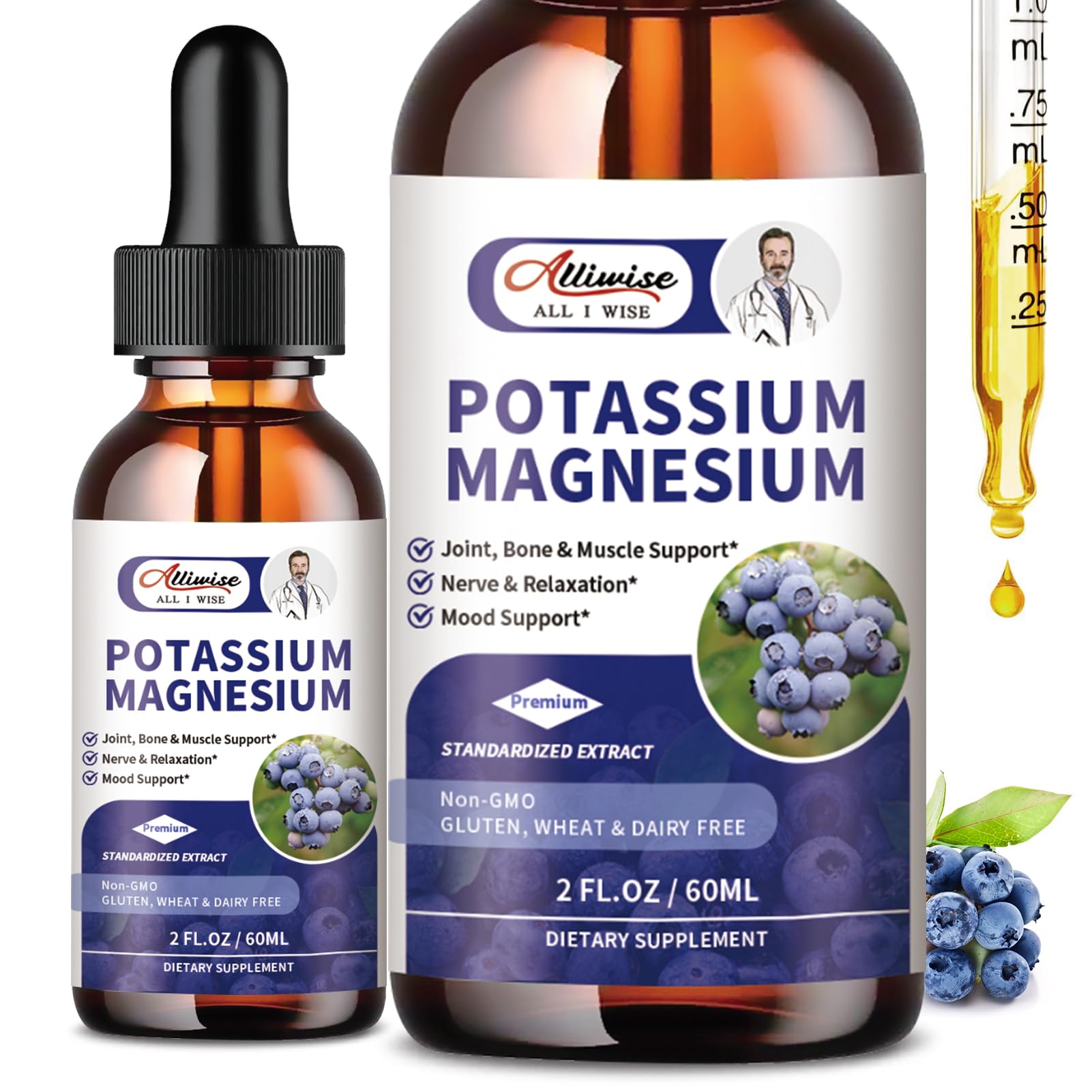 Alliwise potassium magnesium drops bottle front view, vegan, high absorption formula