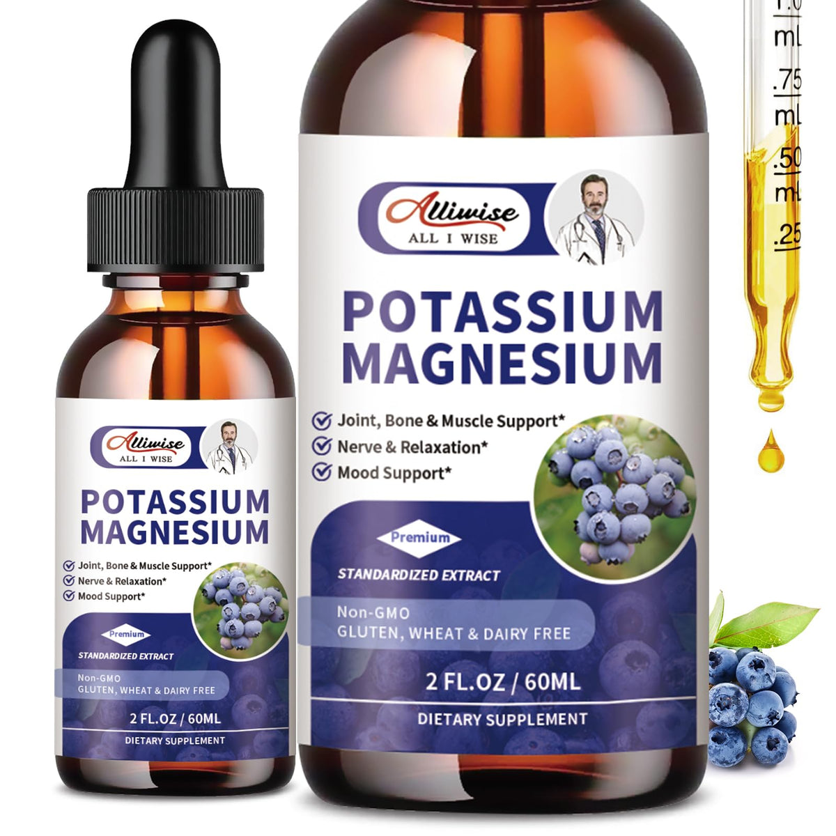 Alliwise potassium magnesium drops bottle front view, vegan, high absorption formula
