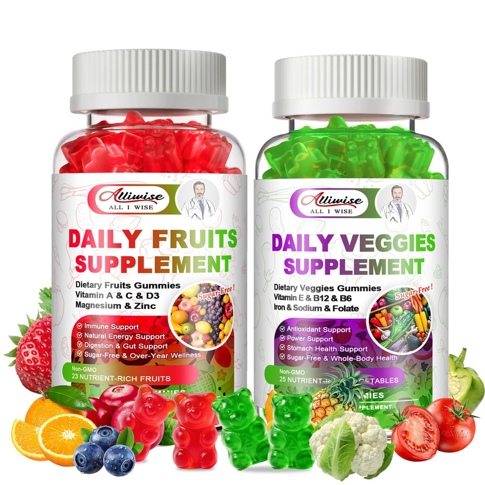 Alliwise sugar-free fruits & veggies gummies bottle for daily vegan supplementation