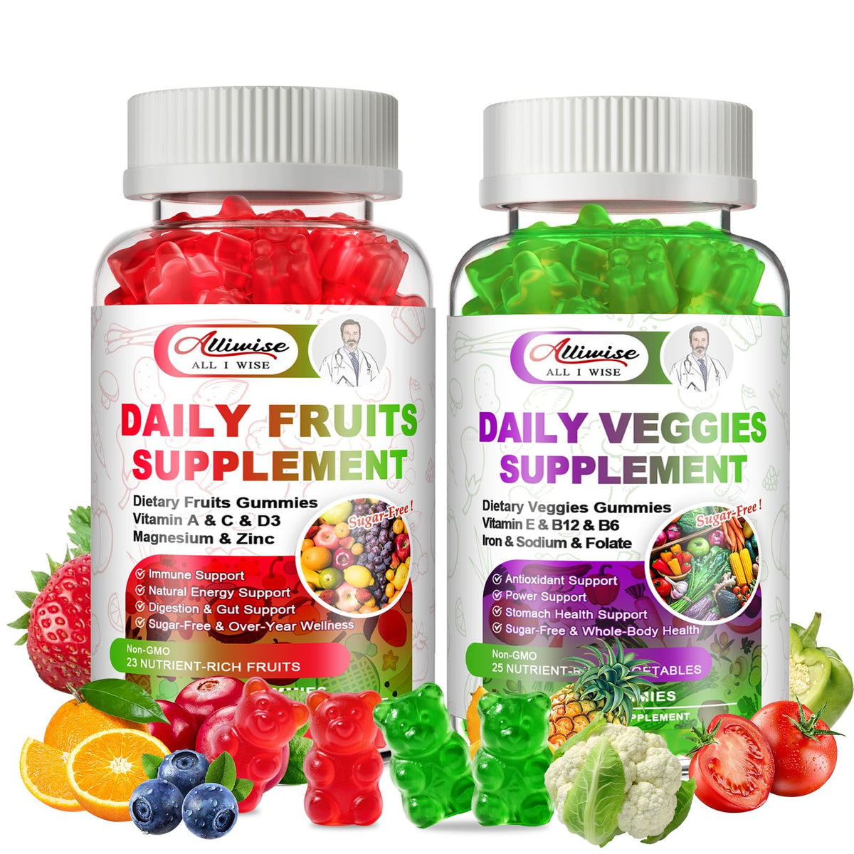 Alliwise sugar-free fruits & veggies gummies bottle for daily vegan supplementation