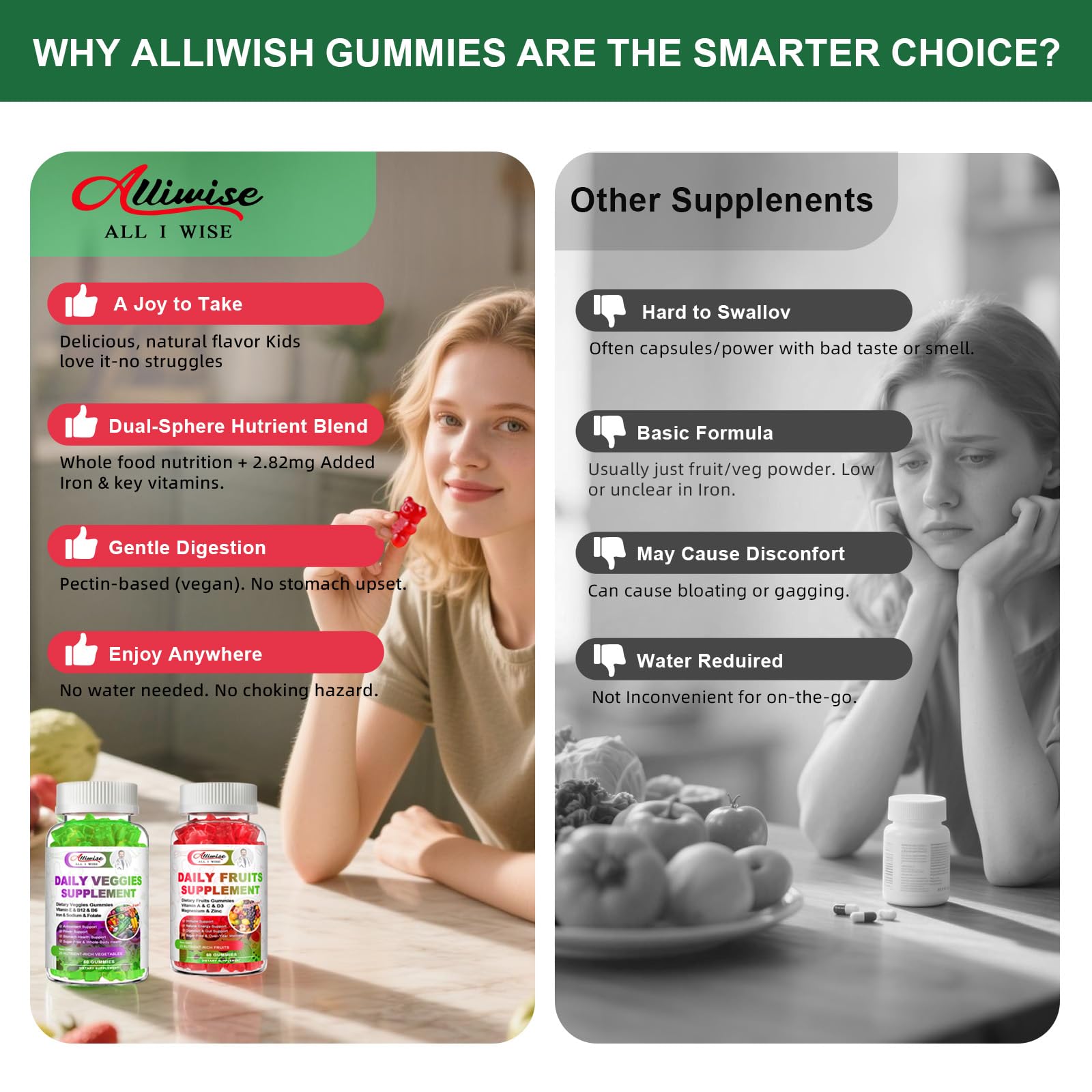Alliwise vegan gluten-free label on bottle indicating easy digestion