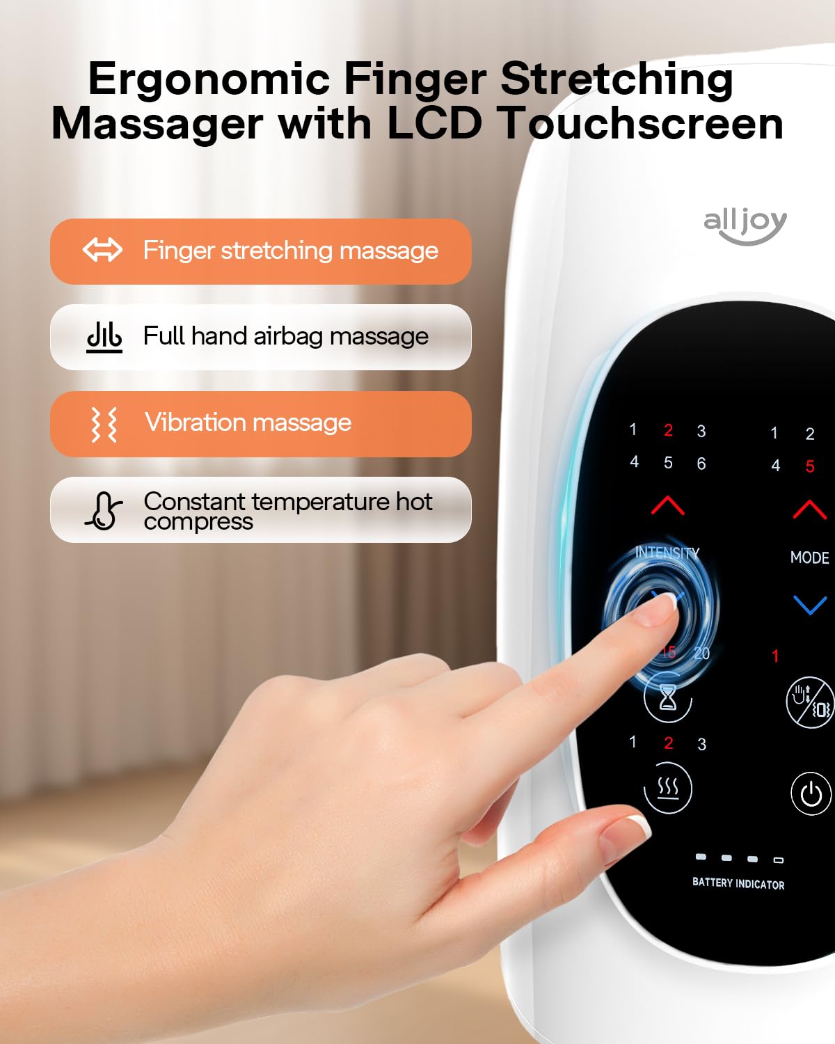 ALLJOY hand massager finger stretch feature in action for finger flexibility