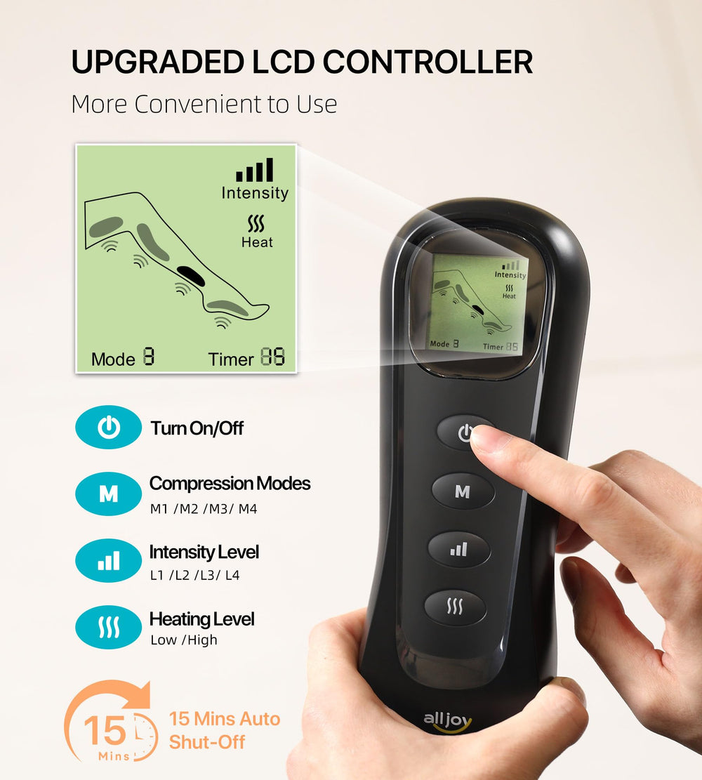 Alljoy leg massager features an LCD display and handheld control.
