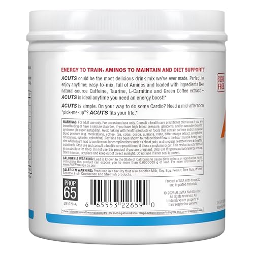 ALLMAX A:CUTS Blue Raspberry tub front showing gluten-free and sugar-free labeling