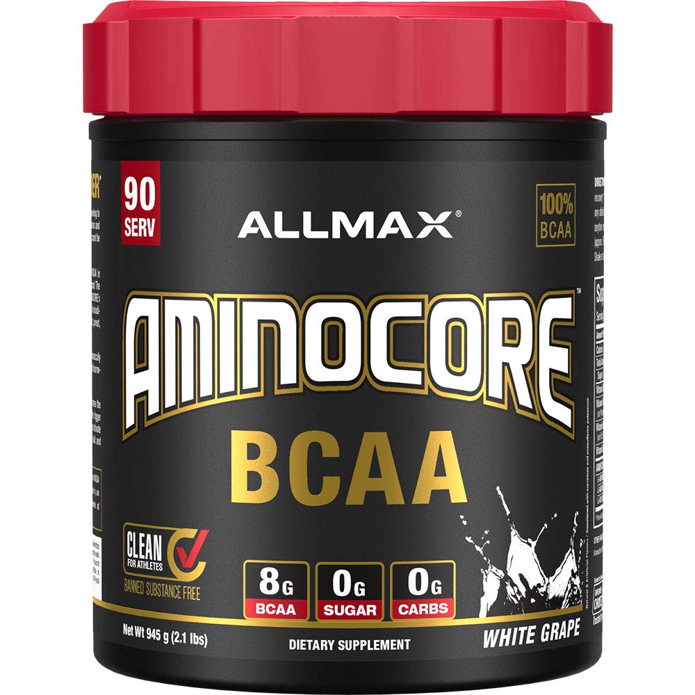 ALLMAX AMINOCORE BCAA powder jar with bold label signaling intra-workout support.