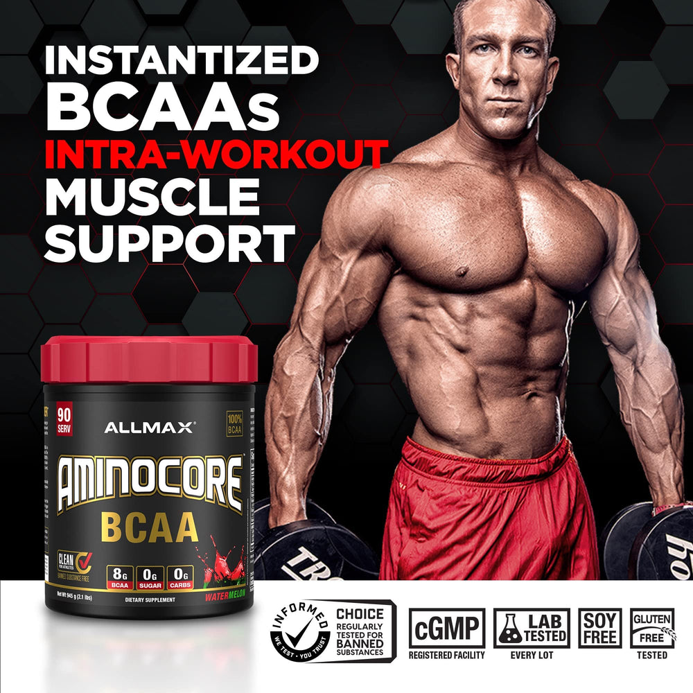 Close-up of AMINOCORE label highlighting gluten-free formula for clean training nutrition.