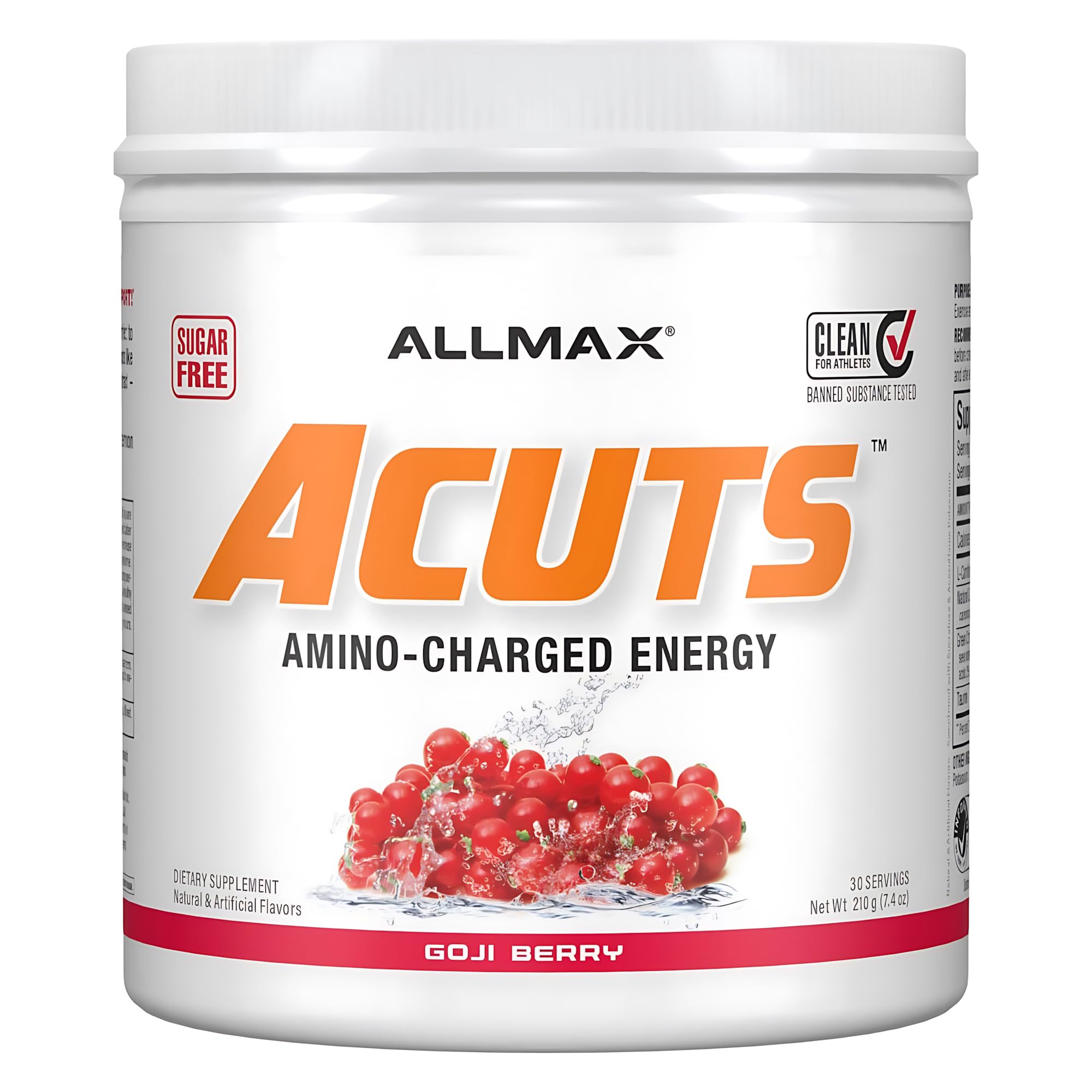 ALLMAX AMINOCUTS tub label closeup highlights the convenient amino blend.