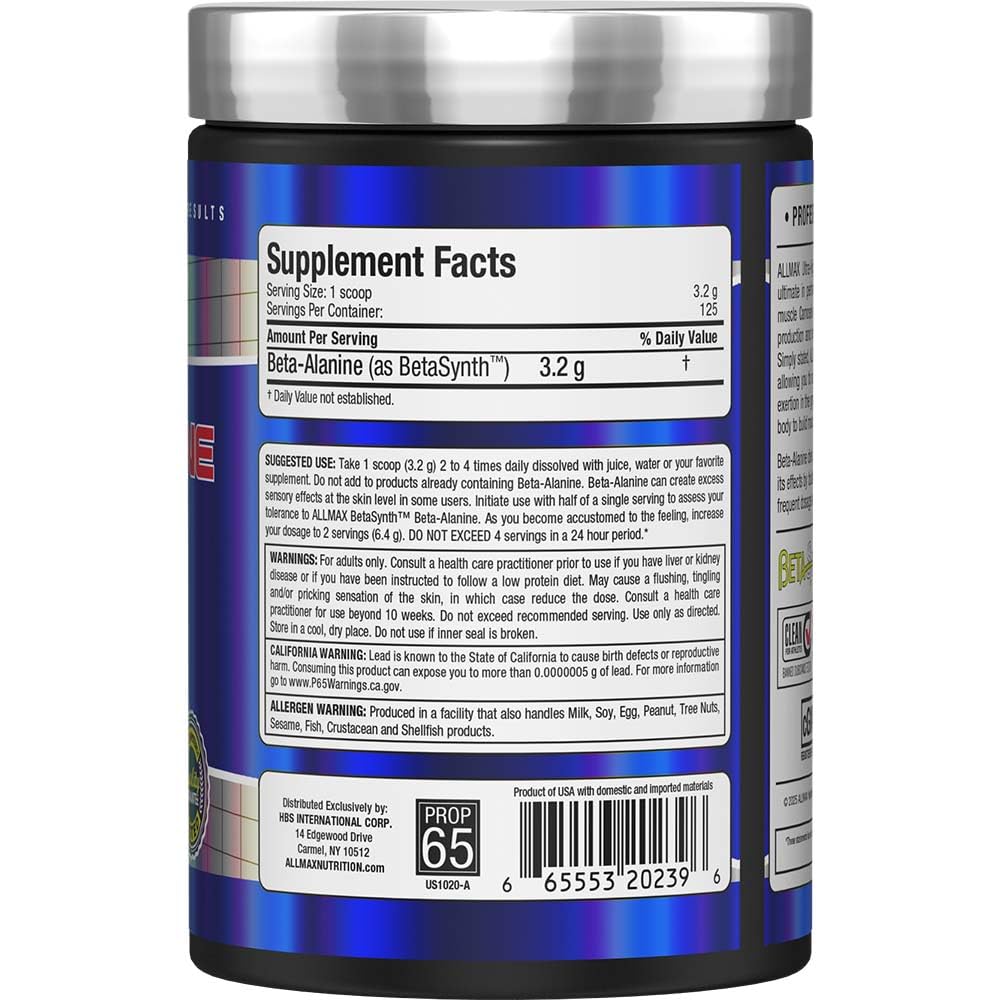 AllMax Beta-Alanine powder scoop and cup show flexible daily dosing.