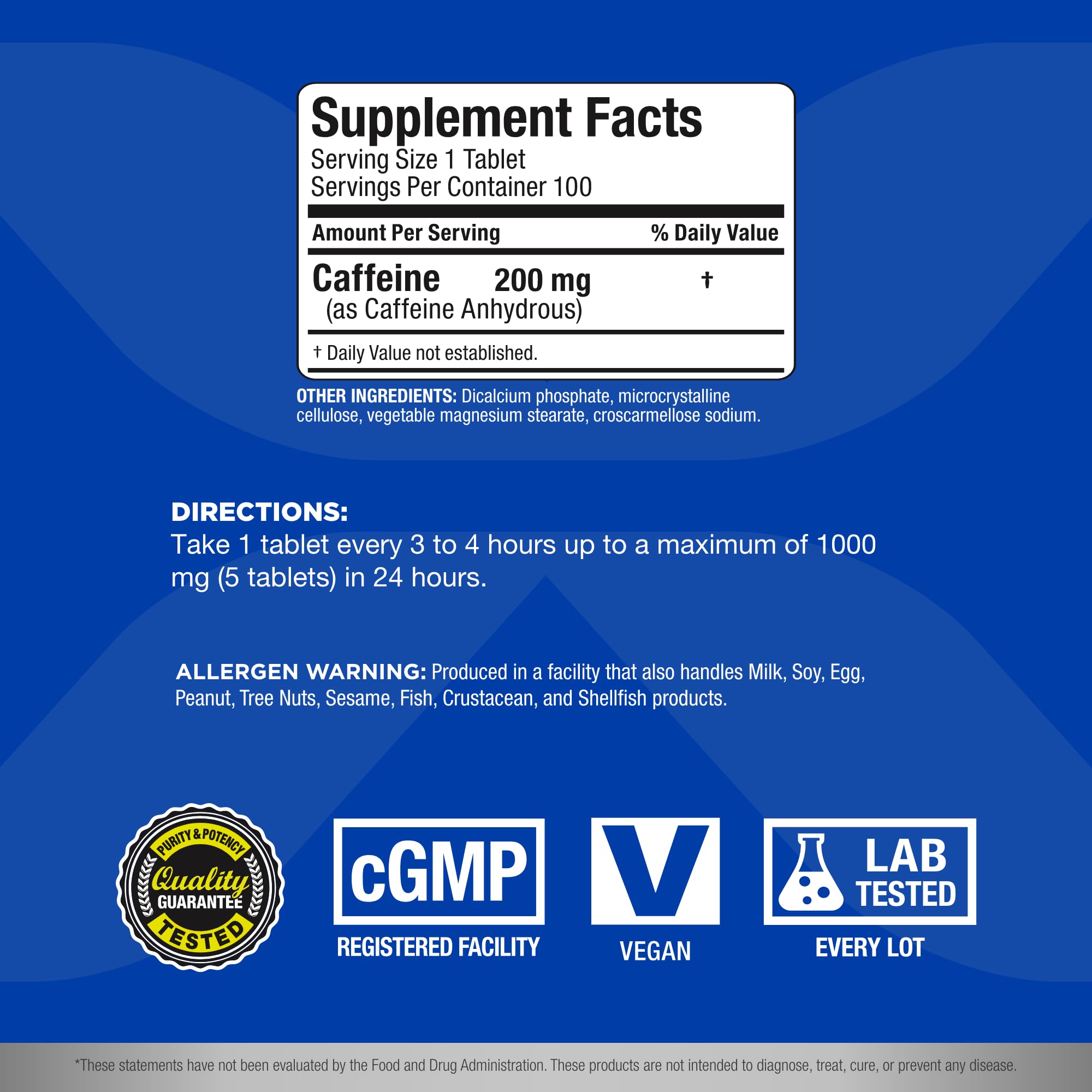 Closeup of AllMax caffeine bottle showing 200 mg per tablet for alertness