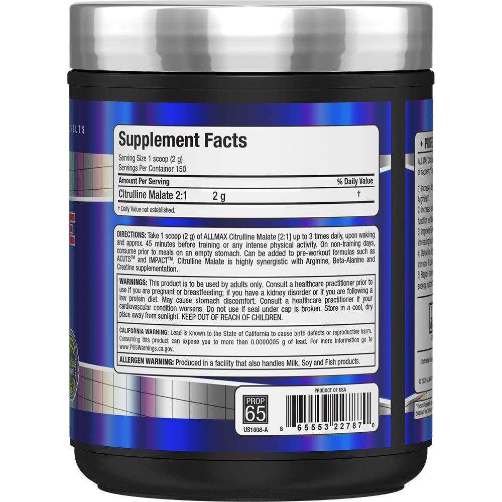ALLMAX Citrulline Malate label closeup; clear ingredients for confident supplementation.