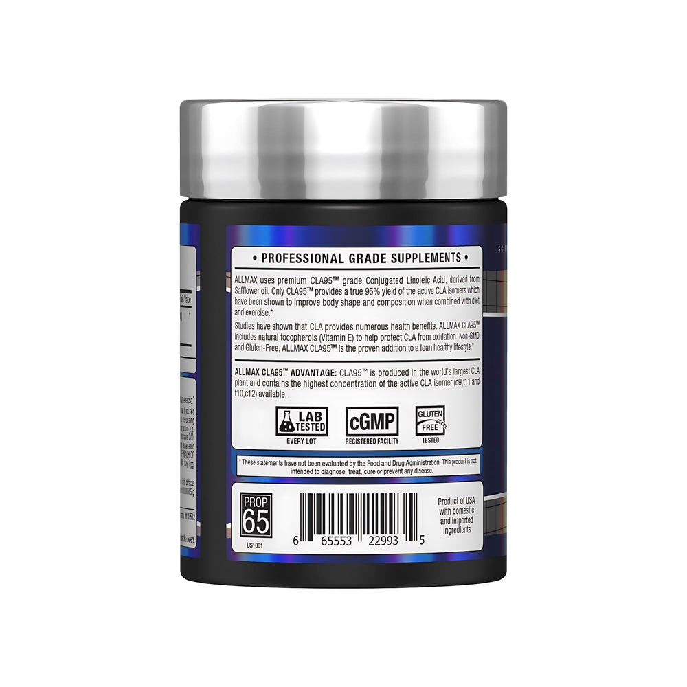 Close-up of AllMax CLA 95% softgel label showing potency and safflower origin