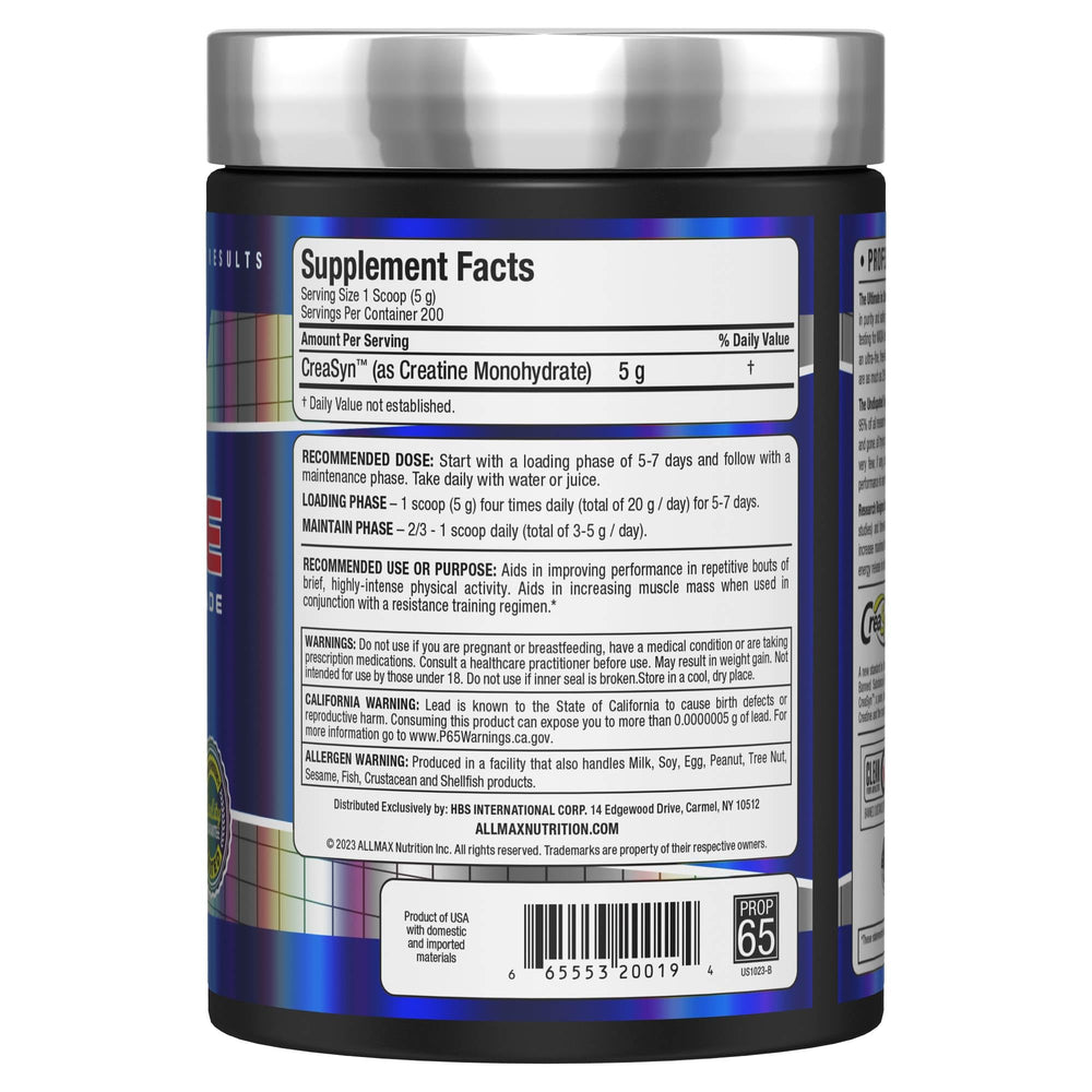 Closeup of ALLMAX label confirming pharmaceutical-grade quality