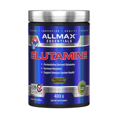 AllMax Nutrition 100% Pure Micronized Glutamine powder in a jar for post-workout support.