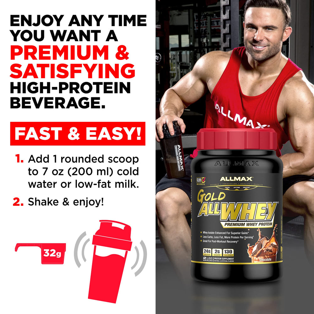 AllMAX Gold ALLWHEY Chocolate bottle label marks 24g protein per serving