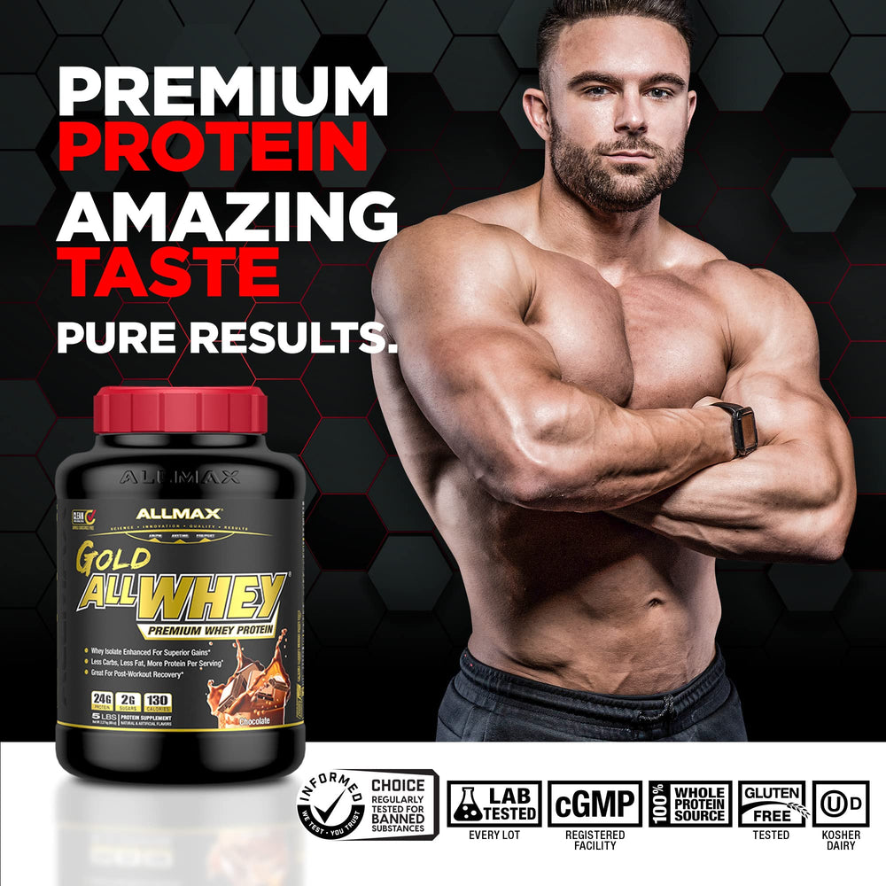 AllMAX Gold ALLWHEY Chocolate tub back lists nutrition for gluten-free convenience