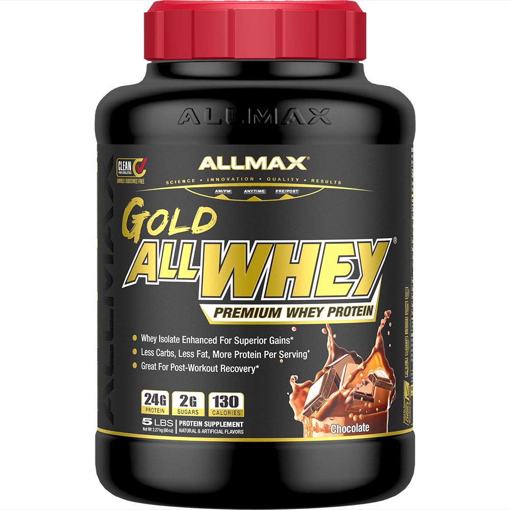 AllMAX Gold ALLWHEY Chocolate tub front shows premium whey for quick recovery