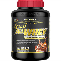 AllMAX Gold ALLWHEY Chocolate tub front shows premium whey for quick recovery
