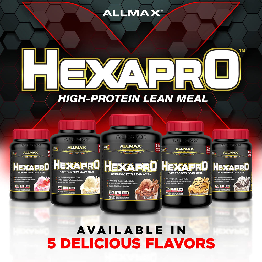 Allmax HEXAPRO French Vanilla nutrition panel highlights 25 g protein per serving