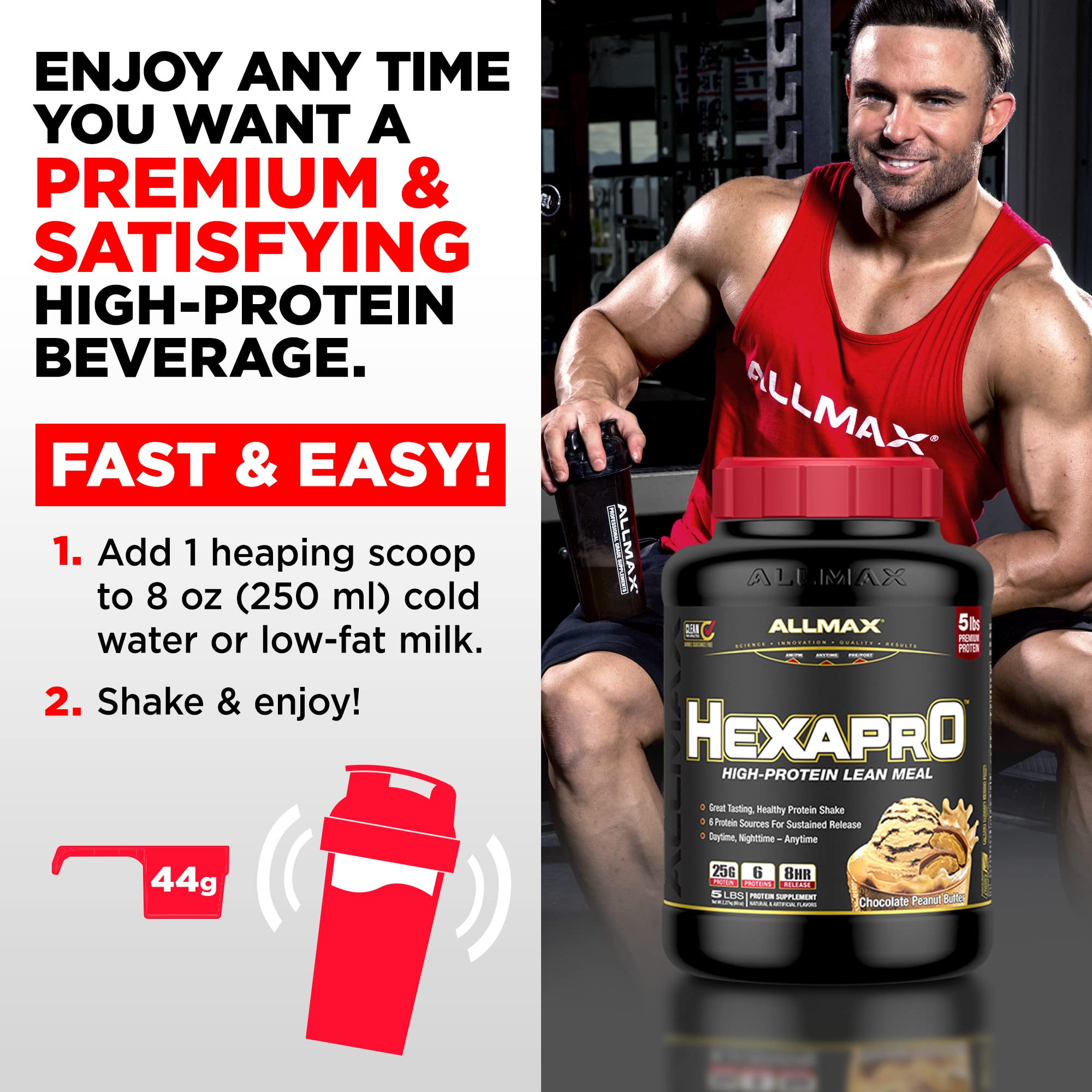 Allmax HEXAPRO French Vanilla powder being mixed with milk for a creamy shake