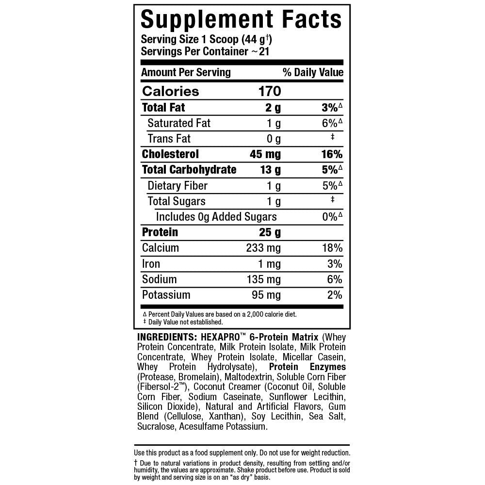 Allmax HEXAPRO French Vanilla serving cup hints at 21 servings in package