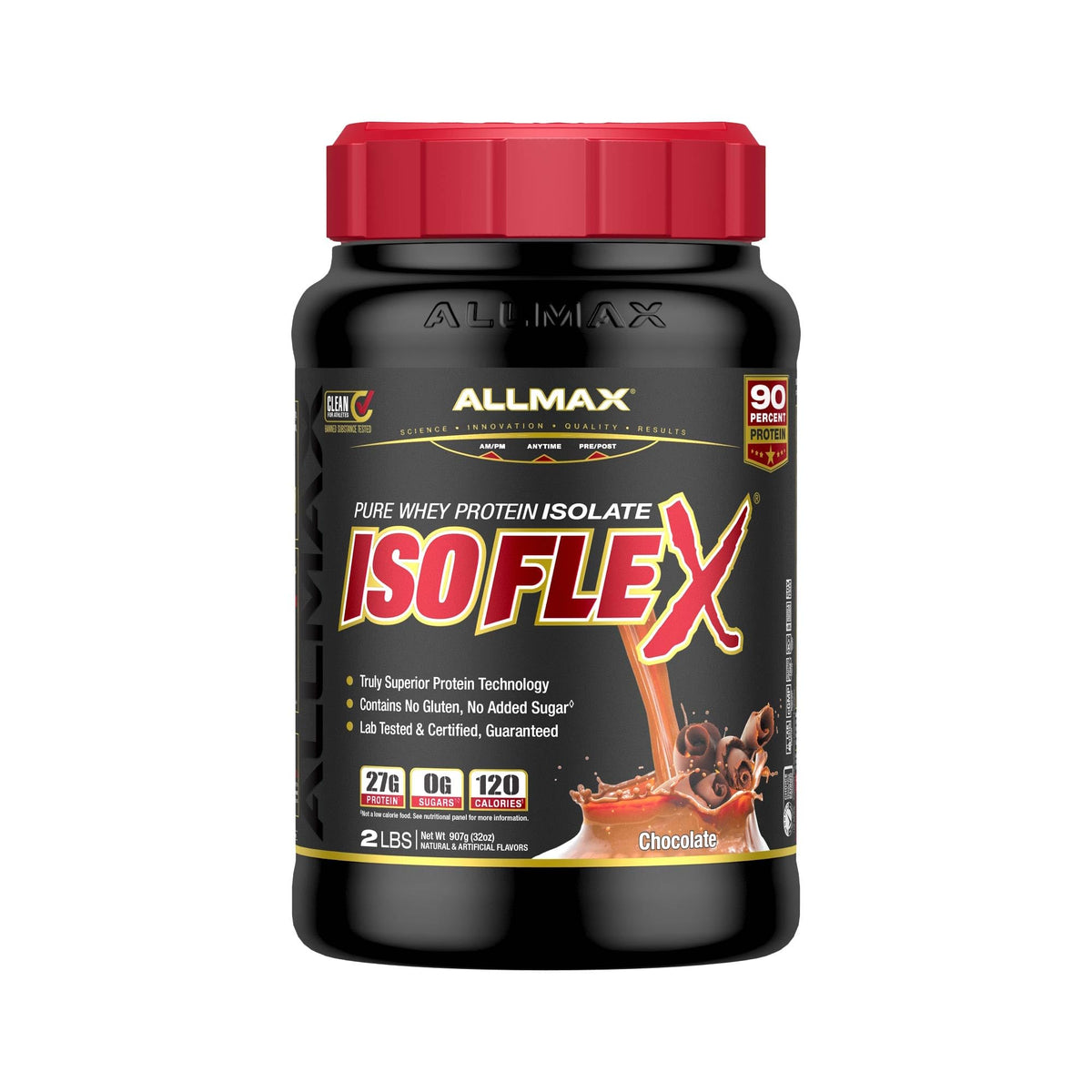 ALLMAX Isoflex chocolate powder; ultra-pure isolate for fast absorption.