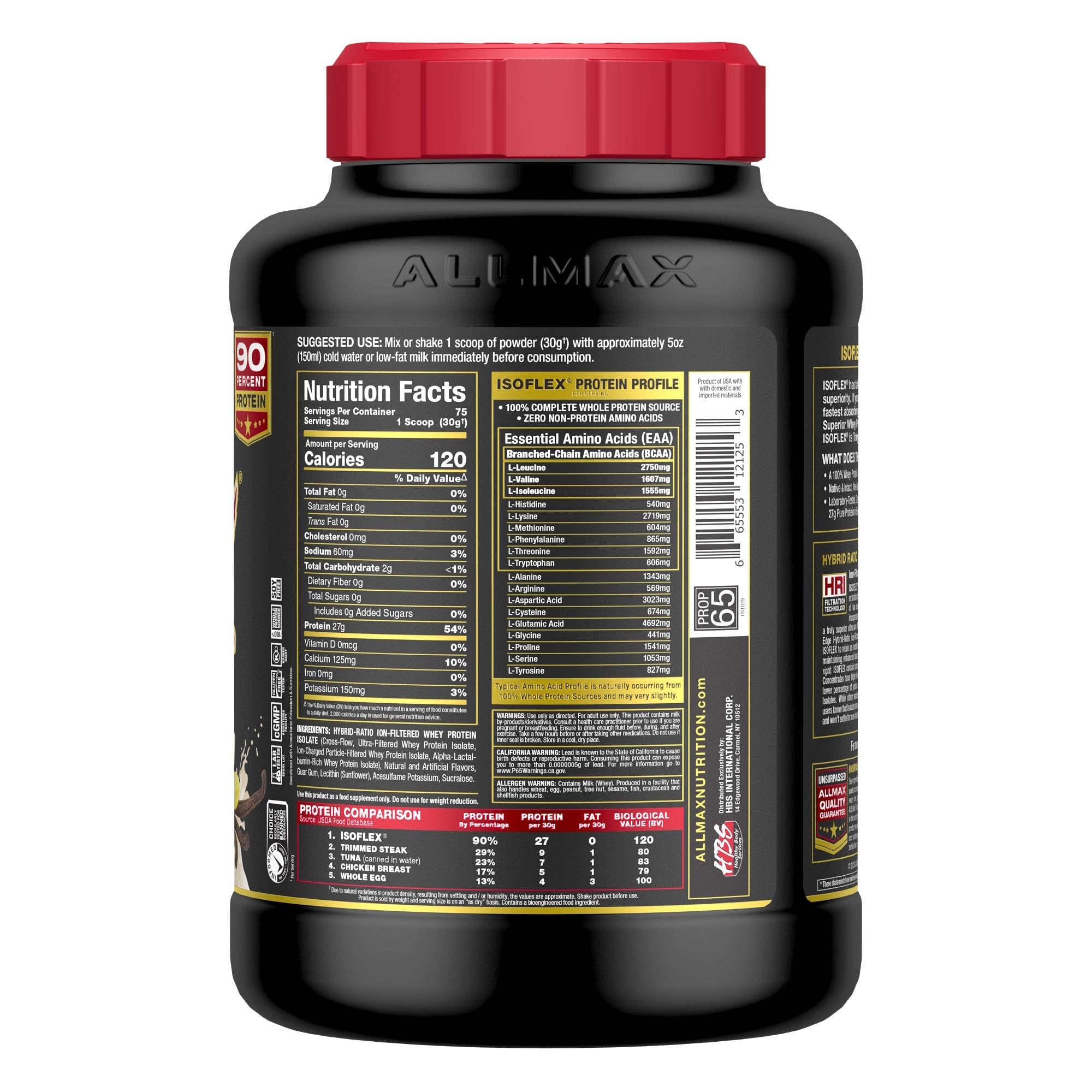 ALLMAX ISOFLEX ingredients label details isolate protein and lactose content.