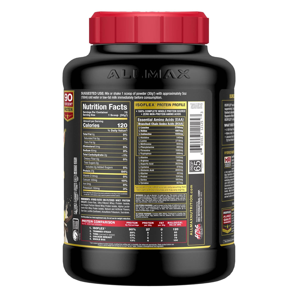ALLMAX ISOFLEX ingredients label details isolate protein and lactose content.