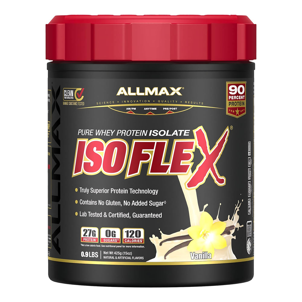 AllMax ISOFLEX bottle with label highlighting pure whey protein isolate for clean daily nutrition
