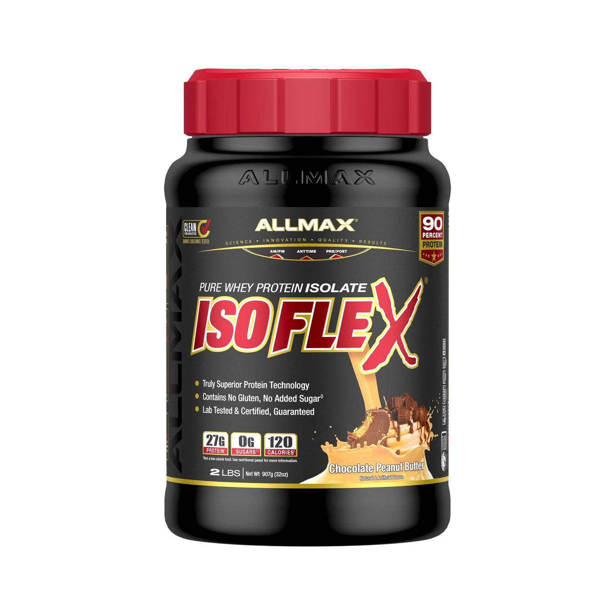 AllMax ISOFLEX bottle with Chocolate Peanut Butter flavor for convenient protein fueling