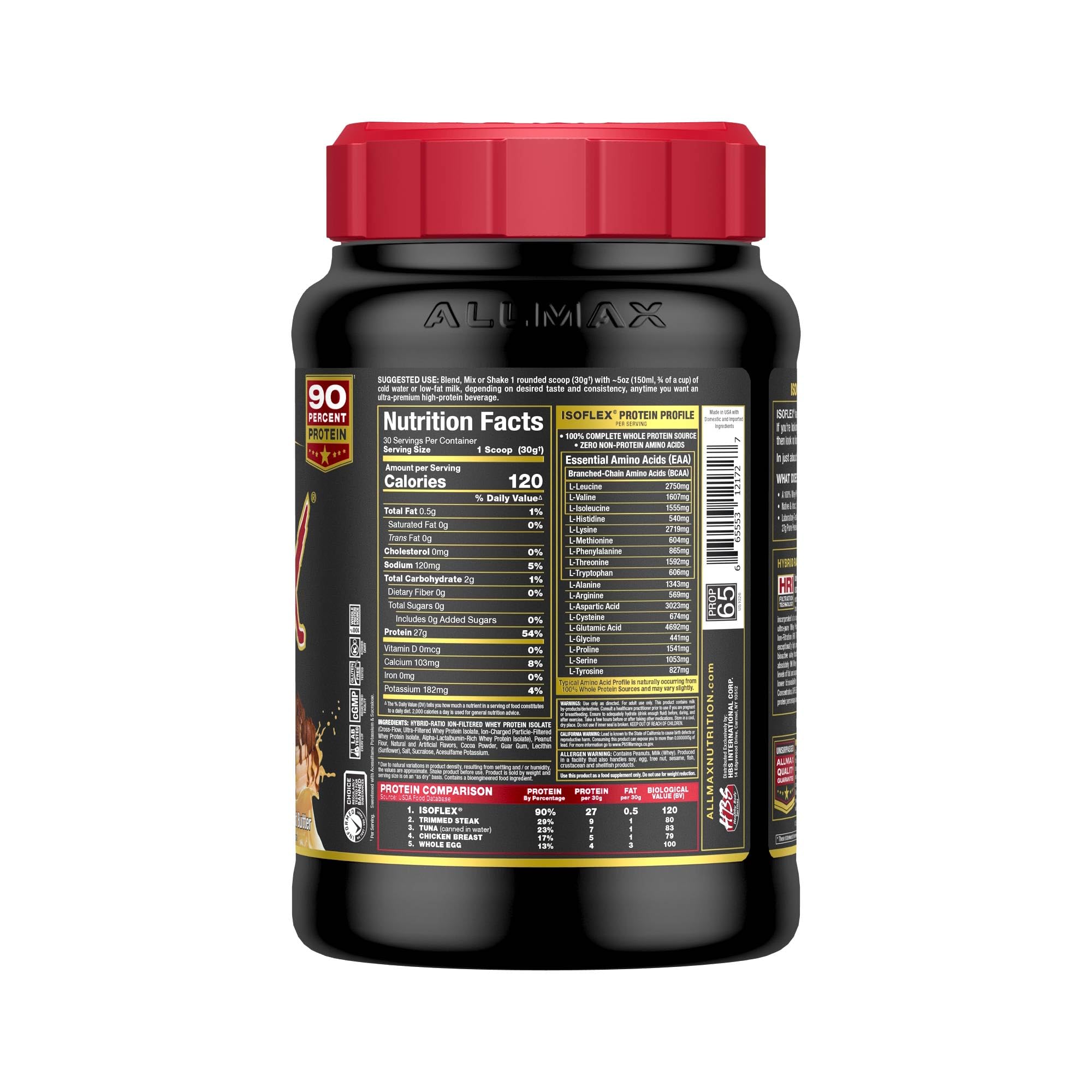 AllMax ISOFLEX tub highlights lactose-free, gluten-free, and sugar-free claims