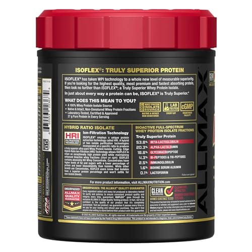 AllMax ISOFLEX scoop beside powder emphasizing quick mixing for post-workout shakes