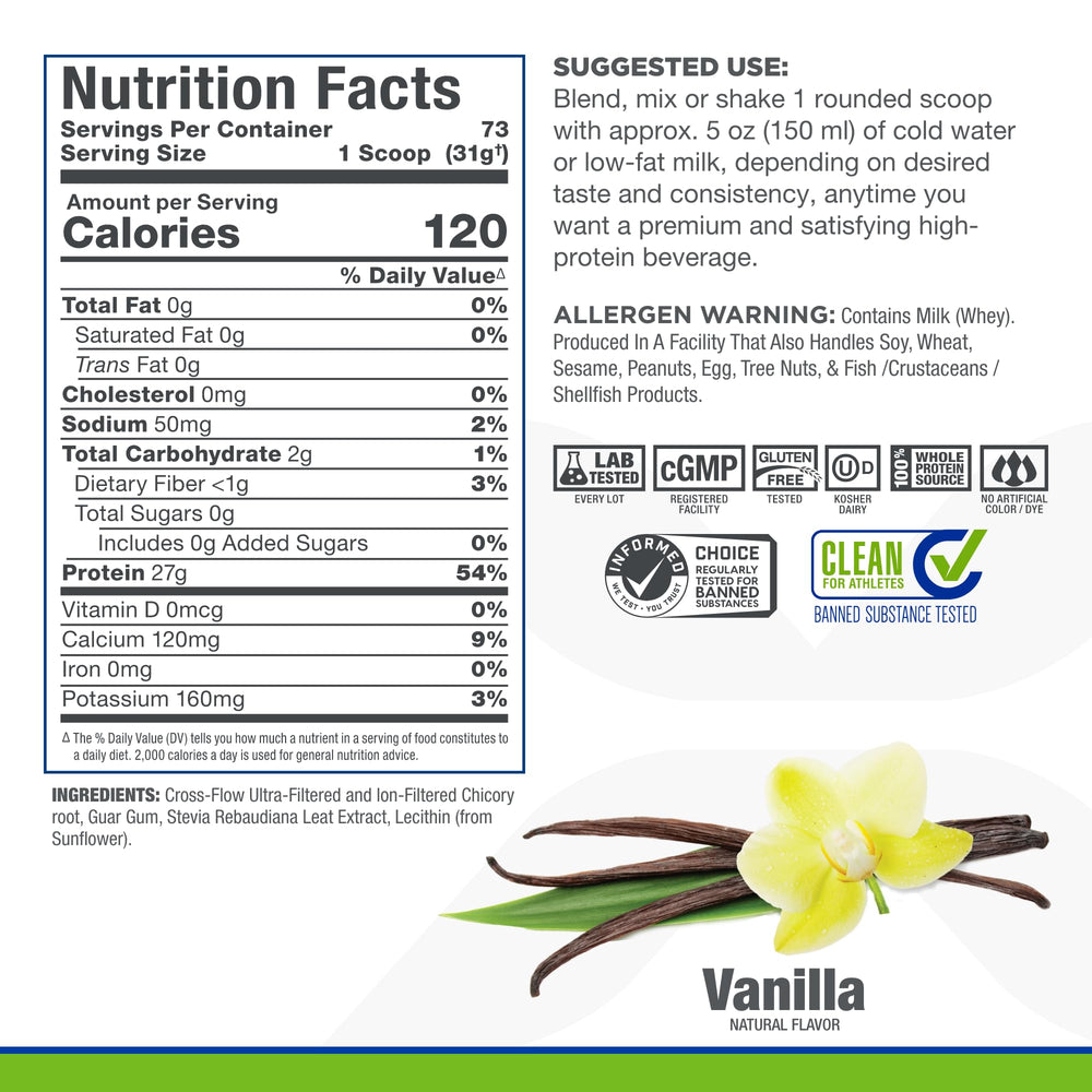 ALLMAX ISONATURAL Vanilla label highlights no artificial flavors and lactose-friendly formula.