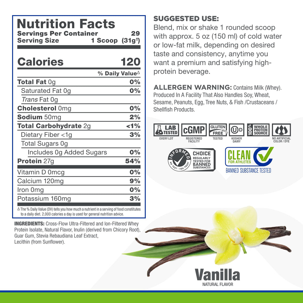 ALLMAX ISONATURAL Vanilla feature badge for prebiotics supports digestive comfort.