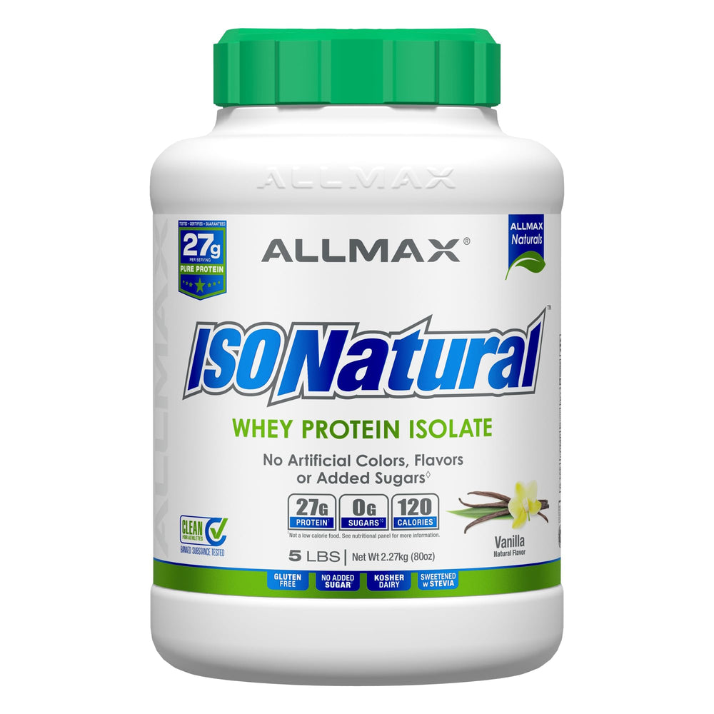ALLMAX ISONATURAL Vanilla protein bottle shows natural ingredients for daily protein.