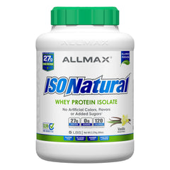 ALLMAX ISONATURAL Vanilla protein bottle shows natural ingredients for daily protein.