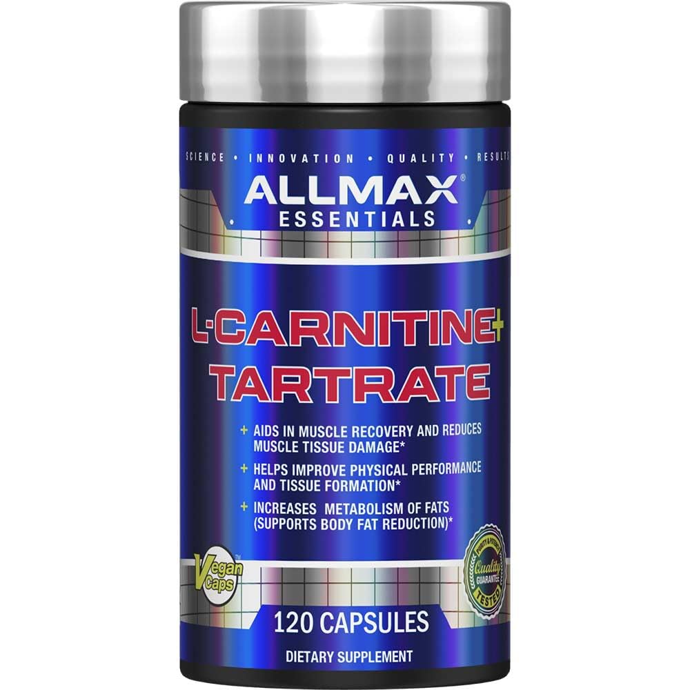 AllMax L-Carnitine Tartrate bottle front with label, ideal for daily energy support.