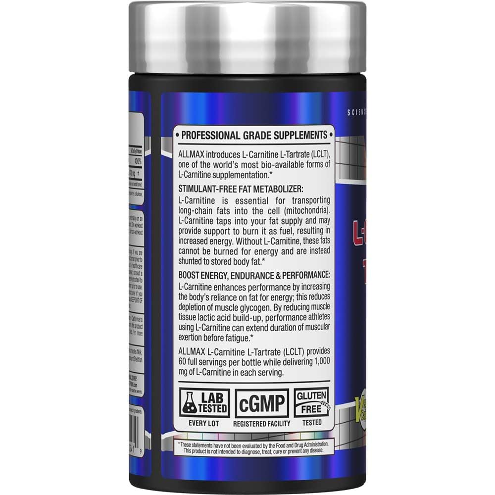 AllMax L-Carnitine Tartrate label view highlighting 120 capsules for easy supplementation.
