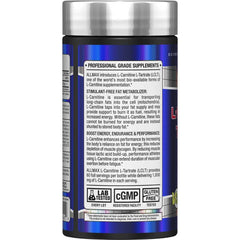 AllMax L-Carnitine Tartrate label view highlighting 120 capsules for easy supplementation.