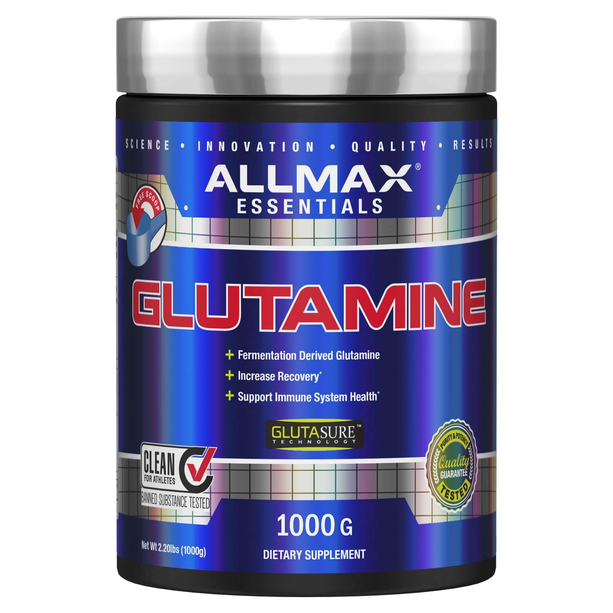 AllMAX L-Glutamine powder bottle for post-workout recovery and daily support